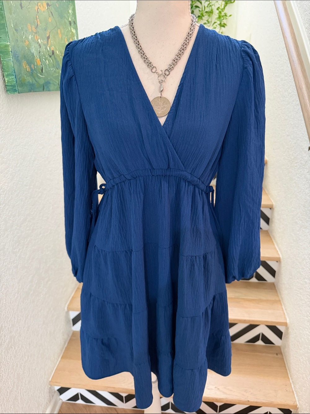 Max Studio Cobalt Blue Long Sleeve V-Neck Tiered Mini Dress Size Small